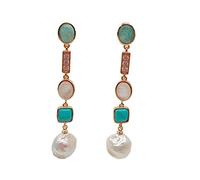 GHNQBAHID 2.3'' geometric gold filled White Keshi Pearl shell Blue crystal pave Dangle Earrings cute for women