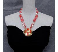 GHNQBAHID 2 Rows Cultured White Pearl Coral Necklace 54mm Orange Coral Pearl Big Pendant