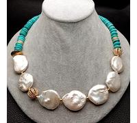 GHNQBAHID 20" Freshwater White Coin KeShi Pearl Blue rondelle choker Necklace ethnic party for Women gift