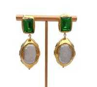 GHNQBAHID 22x32mm Cultured White Pearl Green Crystal Gold Plated Dangle Stud Earrings