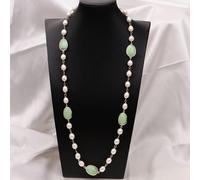 GHNQBAHID 32" Cultured White Rice Pearl Green Chrysoprase Faceted Stone Bezel Set Long Chain Necklace