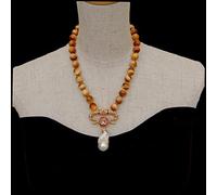 GHNQBAHID Cubic Zirconia Pave White Keshi Pearl Pendant 18" 12mm Smooth Round Yellow Tiger Eye Necklace