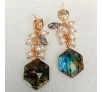 GHNQBAHID Cultured White Pearl 20mm Hexangular Shape Labradorite Dangle Stud Earrings Gemstone Jewelry For Women Gift