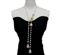 GHNQBAHID Cultured White Rice Pearl 22x31mm 15mm Purple Glass Long Rosary Chain Necklace