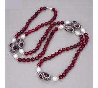 GHNQBAHID Cultured White Rice Pearl Fuchsia Agate Beads Station Long Necklace Bracelet Earrings Sets For Women(Necklace)