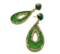 GHNQBAHID Ethnic Style Carved Flower Green Jade Teardrop Shape Electroplated Edge Stud Earrings
