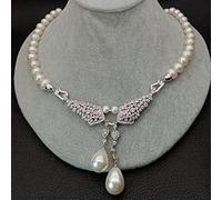 GHNQBAHID Wedding Cubic Zirconia pave Connector 20" Cultured White round freshwater Pearl choker Necklace