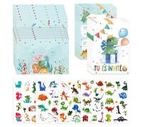 Ghope 12 Cartes Invitations Anniversaire Dinosaure, Cartons Invitation avec Enveloppes Autocollants et Tatouages de Dinosaure pour Enfant Fille Garçon Bal Soirée Fête