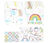 Ghope 12 Cartes Invitations Arc-en-ciel en Français, Invitation Anniversaire Fille Garçon avec Enveloppes et Autocollants, 5 Tatouages, Invitations de Fête d'anniversaire Soirée d’enfants Filles