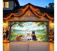 Ghost and Cat Picnic Halloween Garage Door Cover 157 x 71 pouces | Chat, toile de fond de porte de garage, pastèque, panier de pique-nique, prairie d'été, décoration extérieure