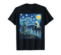 Ghost Hugging Cat Van Gogh Halloween Squelette Nuit étoilée T-Shirt