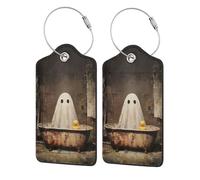 Ghost in A Bathtub with A Rubber Ducky Lot de 2 étiquettes de bagage en cuir avec rabat d'intimité et boucle en métal pour homme et femme