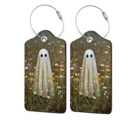 Ghost in Field of Wild Flowers Lot de 2 étiquettes de bagage en cuir avec rabat d'intimité et boucle en métal pour homme et femme