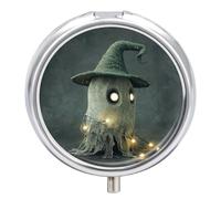 Ghost in Green Hat Pilulier de voyage à 3 compartiments 3 fois par jour mignon pour sac à main et poche Boîte à médicaments portable en métal avec miroir rond pour médicaments quotidiens et vitamines