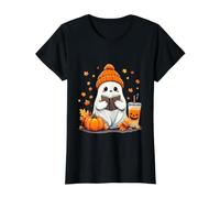Ghost Livre de Lecture avec Feuilles d'automne Café fantôme d'halloween T-Shirt Graphique avec Valeur, Femme, Noir, L
