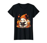 Ghost Livre de Lecture avec Feuilles d'automne Café fantôme d'halloween T-Shirt Graphique avec Valeur, Femme, Noir, XS