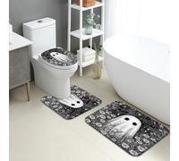 Ghost Lot de 3 tapis de salle de bain en mousse à mémoire de forme, absorbants, antidérapants et lavables en forme de U, motif floral noir et blanc