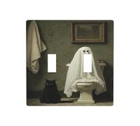 Ghost On The Toilet with Black Cat Double Gang Toggle Light Cover Wall Plate Switch Decor Standard Size - 11.4 x 11.4 cm