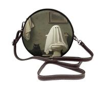 Ghost On The Toilet With Black Cat Women Round Crossbody Bags Leather Sling Bag