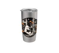 Ghost Reader Book Lover Black Cat Cozy Library Moon Gobelet isotherme en acier inoxydable double paroi