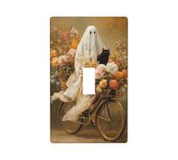 Ghost Riding Old Bicycle Colorful Flowers Black Cat Light Switch Cover Decorative Single Toggle 1 Gang Wall Plate for Kitchen Farmhouse Bedroom Bathroom Art Decor