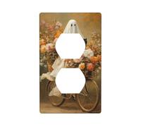 Ghost Riding Old Bicycle Colorful Flowers Black Cat Outlet Cover Light Switch Cover Decorative 1 Gang Wall Plate for Kitchen Room Bathroom Size 7x11.4cm