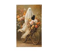 Ghost Riding Old Bicycle Colorful Flowers Black Cat Yard House Drapeaux - 9,1 x 1,5 m - Bannière de vœux avec œillets - Décoration d'intérieur ou d'extérieur