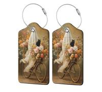 Ghost Riding Old Bicycle Lot de 2 étiquettes de bagage en cuir avec rabat d'intimité, étiquette d'identification et boucle en métal pour femme et homme Noir