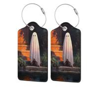 Ghost Standing On The Steps Lot de 2 étiquettes de bagage en cuir avec rabat d'intimité et boucle en métal pour homme et femme