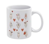 Ghost Valentines Tasse à café en céramique blanche de 325 ml, tasse à thé imprimée double face avec poignée ergonomique en C, fond épais en porcelaine pour la maison, le bureau, la cuisine, cadeau