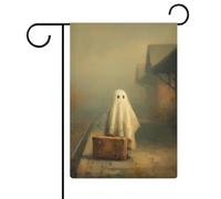 Ghost Vieille valise en cuir brumeuse gare jardin drapeau saisonnier vacances toile de jute double face maison cour drapeaux extérieurs 30,5 x 45,7 cm