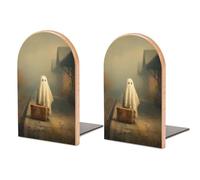 Ghost Vieille valise en cuir brumeuse gare serre-livres étagères en bois 2 pcs robuste supports de livres organisateur de bureau pour la maison, le bureau, les bibliothèques