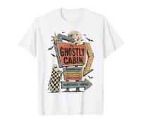 Ghostly Cabin Panneau rétro Effrayant Halloween Motel Ghost T-Shirt Graphique avec Valeur