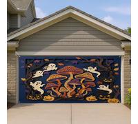Ghosts Housse de porte de garage fantaisie, champignons festifs et citrouilles d'Halloween Bleu Décoration d'intérieur pour jardin, cour, extérieur et intérieur, toile de fond de fête 397 x 180 cm