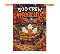 Ghosts On Hayride Drapeau de maison Citation Halloween 71 x 101 cm | Toile de fond de forêt d'automne, drapeau de cour, récolte de citrouilles, chariot de tracteur, style dessin animé fantaisie