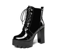 GHSIRUEU Bottes à Lacets Femmes Bottines en Cuir Verni Bloc Talons Chaussures à Plateforme avec Fermeture Éclair,Noir,38 EU