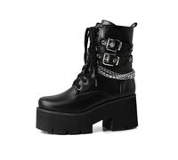 GHSIRUEU Bottines à Plateforme pour Femme Mode Bout Rond Militaire Combat Cheville Bottes avec Chaîne et Boucle,Noir,47 EU