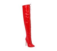 GHSIRUEU Femme Bottes Hautes Cuissardes en Cuir Verni à Talons Aiguilles Bout Pointu Bottes Longues avec Fermeture Éclair,Rouge,48 EU