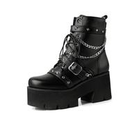 GHSIRUEU Femme Bottines à Lacets Plateforme avec chaînes cloutées Bottes Gothiques Bottines de Motard,Noir,41 EU