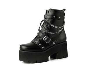 GHSIRUEU Femme Bottines à Lacets Plateforme avec chaînes cloutées Bottes Gothiques Bottines de Motard,Noir,34 EU