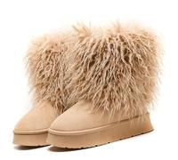 GHTRHSB Bottes de neige mi-mollet en fausse fourrure pour femme, style décontracté, couleur unie, bout rond, bottes plates épaisses doublées en polaire chaude, kaki, 37 EU