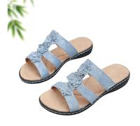 GHTRHSB Sandales à enfiler avec ornements floraux pour femme, sandales orthopédiques à fleurs, soutien confortable de la voûte plantaire et sandales compensées basses, bleu, 43 EU