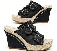GHTRHSB Sandales compensées en jean pour femme - Bout ouvert - Sandales compensées - Largeur - Sangles réglables - Boucle - Pour l'été, la plage, les talons, Noir , 34.5 EU