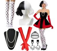 GHUAP 6 Pièces Deguisement Cruella, Noire et Blanche Costume de Cruella, Ensemble Déguisement Cruella Femmes, Perruque Cruella Femme Adulte, Set d'Accessoires de Devil Cruella