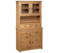 GHVBNMF Buffet haut en pin massif naturel 93 x 40,5 x 180 cm | Armoire rustique en bois véritable pour le salon avec portes en verre, compartiments ouverts et tiroirs pour beaucoup