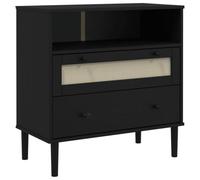 GHVBNMF Buffet noir 80 x 40 x 80 cm en bois massif de pin et rotin | Meuble d'appoint élégant pour salon et chambre à coucher avec tiroir en rotin synthétique et grand espace de rangement.