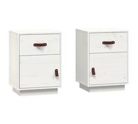 GHVBNMF Lot de 2 tables de chevet en pin massif - Blanc - 40 x 34 x 55 cm | Commode pratique pour chambre à coucher avec tiroir, porte flexible et poignées en cuir synthétique pour un rangement élégant