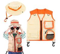Ghzste Kit D'Explorateur en Plein Air pour Enfants 2 Pièces Ensemble de Costumes D'Explorateur pour Enfants Gilet Cargo et Chapeau Kit D'Explorateur en Plein Air Jeu de Rôle Cosplay (B)