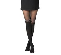 Gi&Gi Collants Fantaisie Femme, Noir, Motif Cœur Mock Over-Knee, Nylon, Semi-Transparent et Opaque, Style Élégant (FR/ES, Alpha/lettres, S, M, Taille normale, Taille normale, Rayures noires)