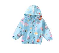 Giacca antivento impermeabile per bambini con cappuccio, stampa carina, chiusura lampo, maniche lunghe, leggera e traspirante, ideale per primavera e autunno, taglie 2-5 anni (Sky Blue, 5-6 Years)